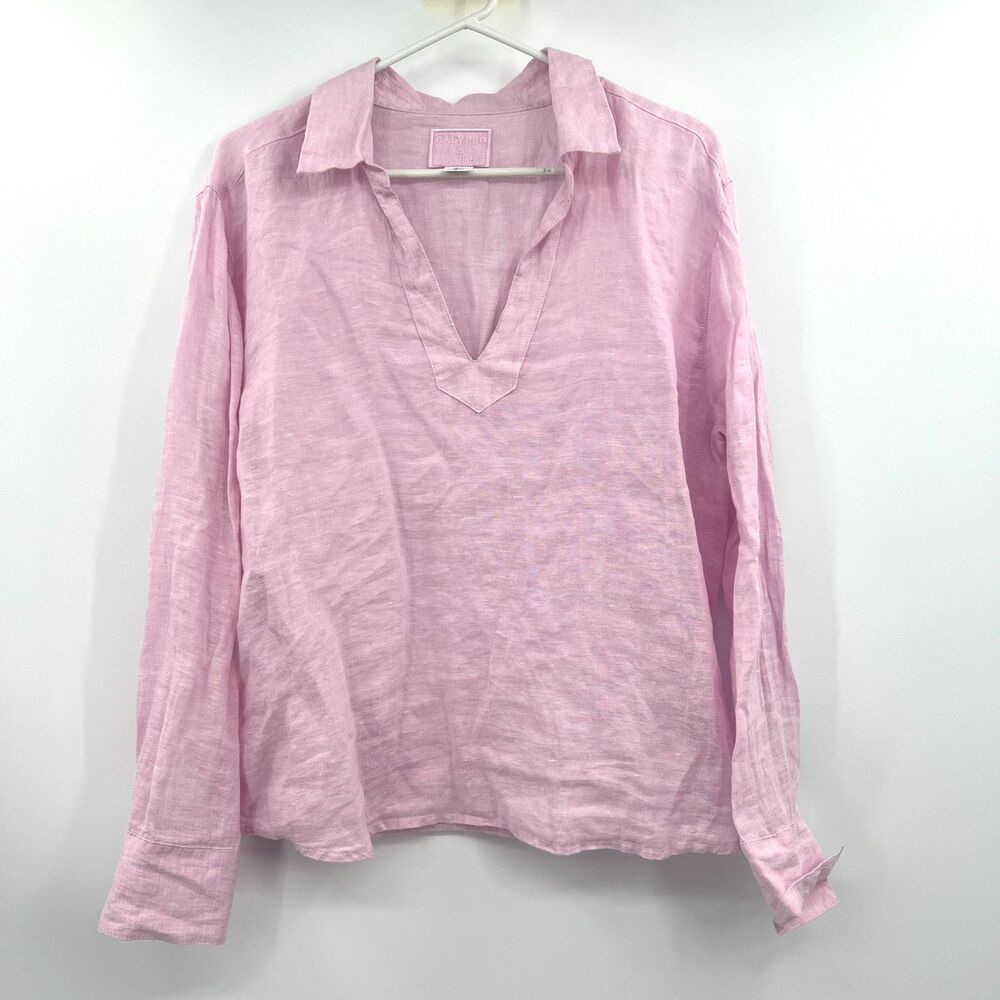Calypso St Barth Womens L Pink 100% Linen Popover Tunic Top Long Sleeve V-Neck